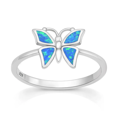 Sterling Silver Rhodium Plated Butterfly Blue Lab Opal Ring