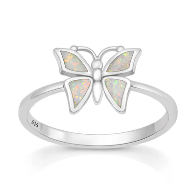 Sterling Silver Rhodium Plated Butterfly White Lab Opal Ring