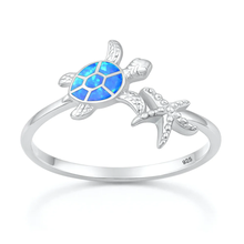 Load image into Gallery viewer, Sterling Silver Rhodium Plated Turtle And Starfish Blue Lab Opal Ring