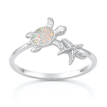 Sterling Silver Rhodium Plated Turtle And Starfish White Lab Opal Ring