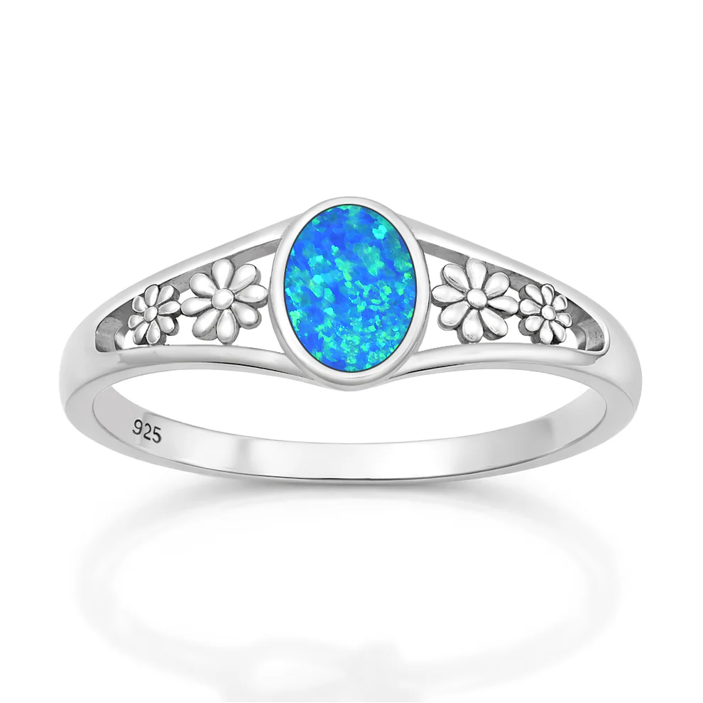 Sterling Silver Polished Flowers Blue Lab Opal Ring
