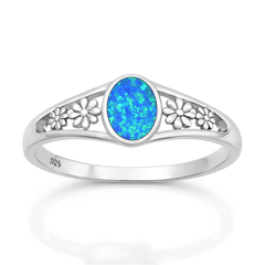 Sterling Silver Polished Flowers Blue Lab Opal Ring