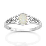Sterling Silver Polished Flowers White Lab Opal Ring