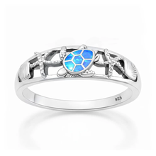Load image into Gallery viewer, Sterling Silver Rhodium Plated Turtle Starfish Seashell Blue Lab Opal Ring
