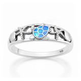 Sterling Silver Rhodium Plated Turtle Starfish Seashell Blue Lab Opal Ring