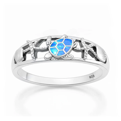 Sterling Silver Rhodium Plated Turtle Starfish Seashell Blue Lab Opal Ring
