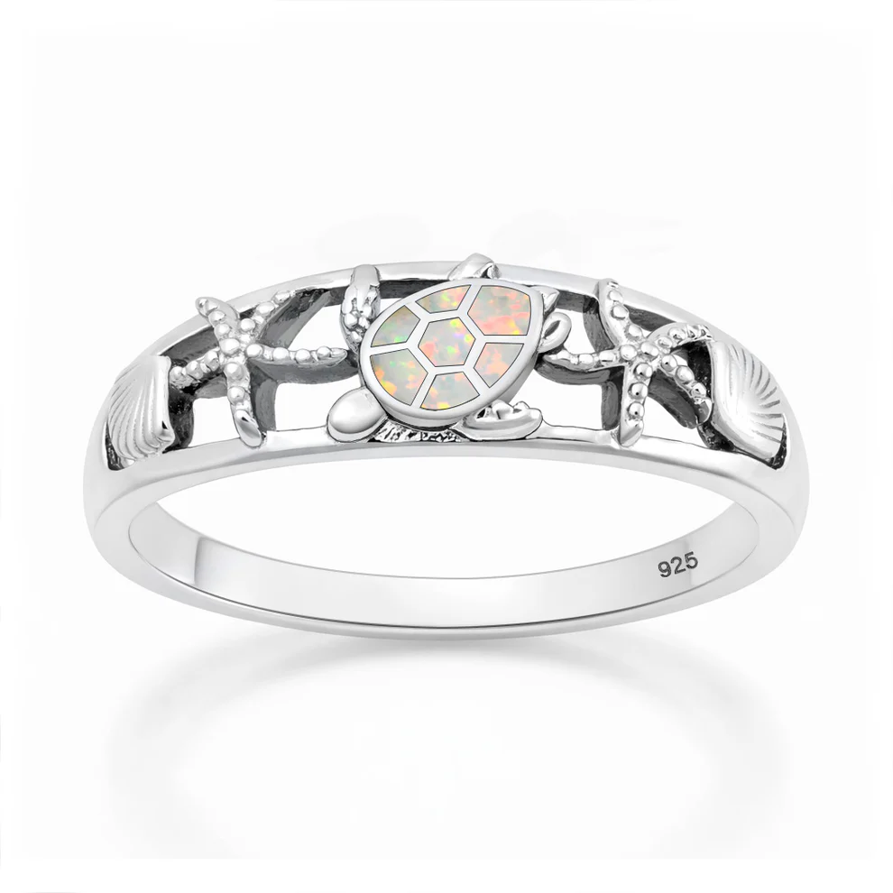 Sterling Silver Rhodium Plated Turtle Starfish Seashell White Lab Opal Ring