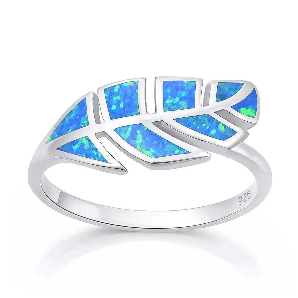 Sterling Silver Oxidized And Polished Feather Blue Lab Opal Ring