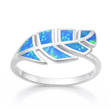 Load image into Gallery viewer, Sterling Silver Oxidized And Polished Feather Blue Lab Opal Ring