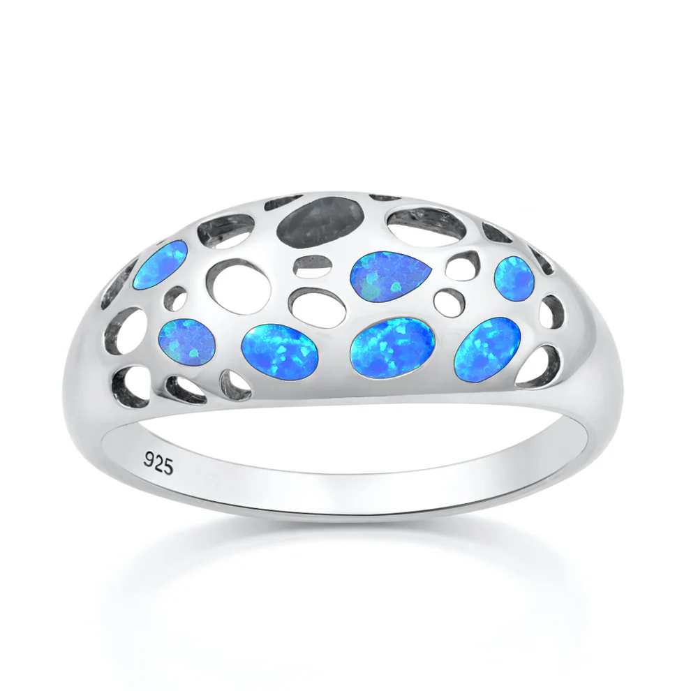 Sterling Silver Rhodium Plated Dome Blue Lab Opal Ring