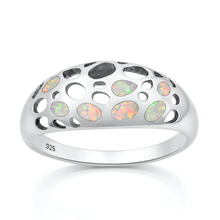 Load image into Gallery viewer, Sterling Silver Rhodium Plated Dome White Lab Opal Ring