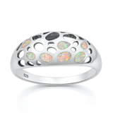 Sterling Silver Rhodium Plated Dome White Lab Opal Ring