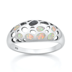 Sterling Silver Rhodium Plated Dome White Lab Opal Ring