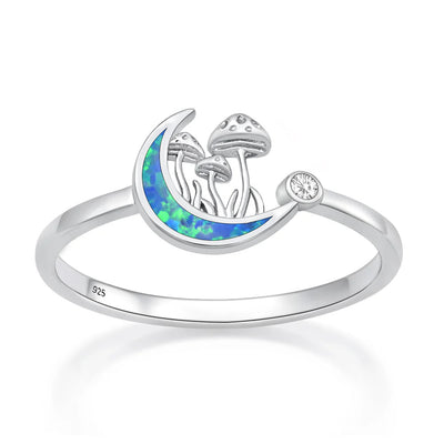 Sterling Silver Rhodium Plated Moon And Mushrooms Blue Lab Opal Ring