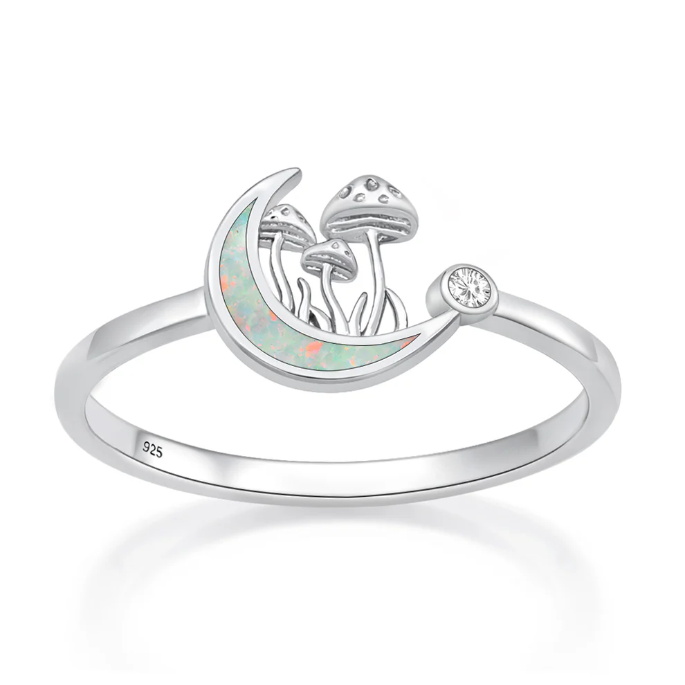 Sterling Silver Rhodium Plated Moon And Mushrooms White Lab Opal And Clear CZ Ring