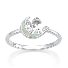 Load image into Gallery viewer, Sterling Silver Rhodium Plated Moon And Mushrooms White Lab Opal And Clear CZ Ring