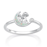 Sterling Silver Rhodium Plated Moon And Mushrooms White Lab Opal And Clear CZ Ring