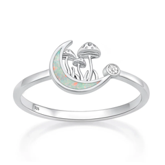 Sterling Silver Rhodium Plated Moon And Mushrooms White Lab Opal And Clear CZ Ring