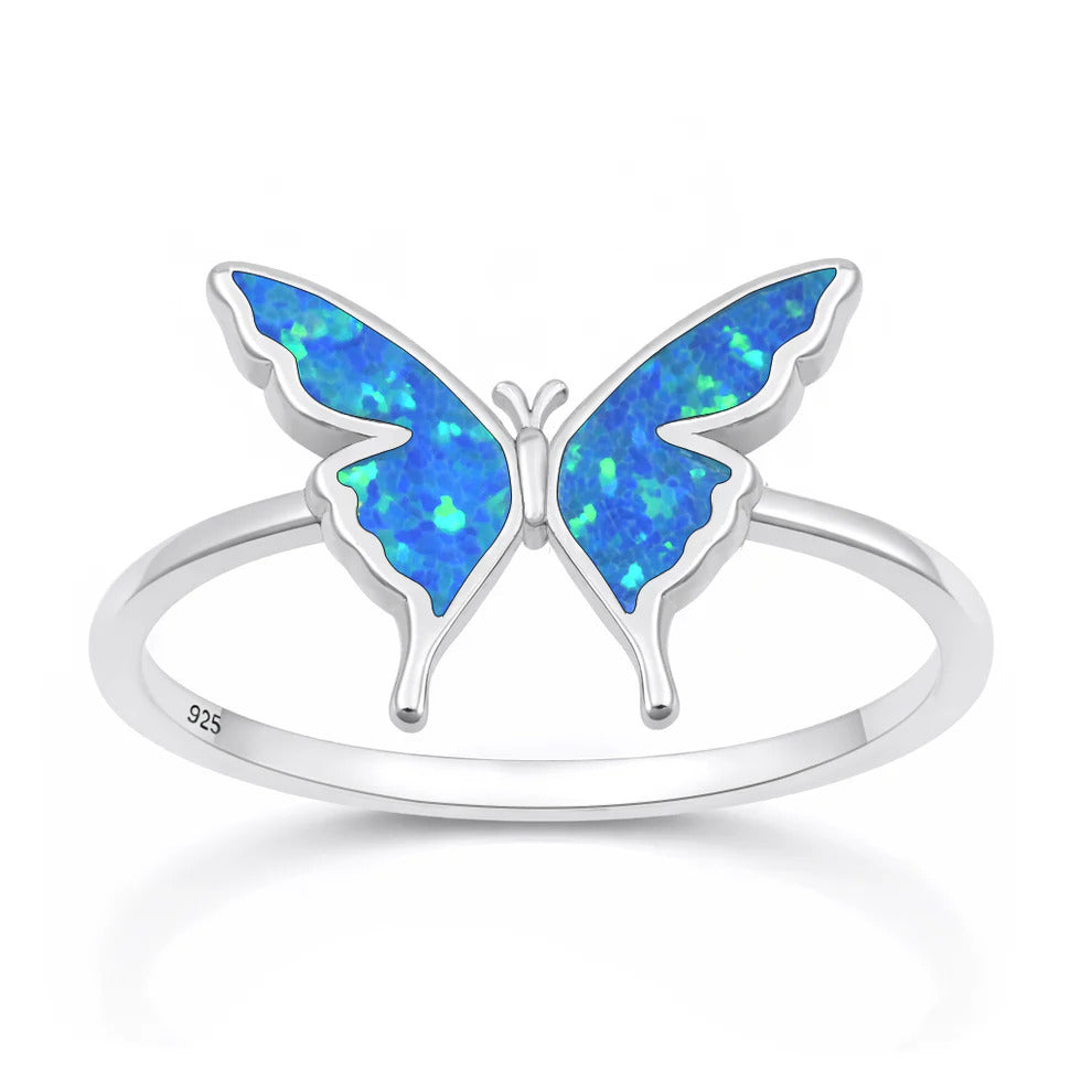 Sterling Silver Rhodium Plated Butterfly Blue Lab Opal Ring