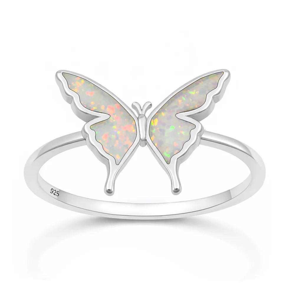 Sterling Silver Rhodium Plated Butterfly White Lab Opal Ring