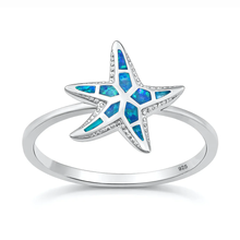 Load image into Gallery viewer, Sterling Silver Rhodium Plated Starfish Blue Lab Opal Ring