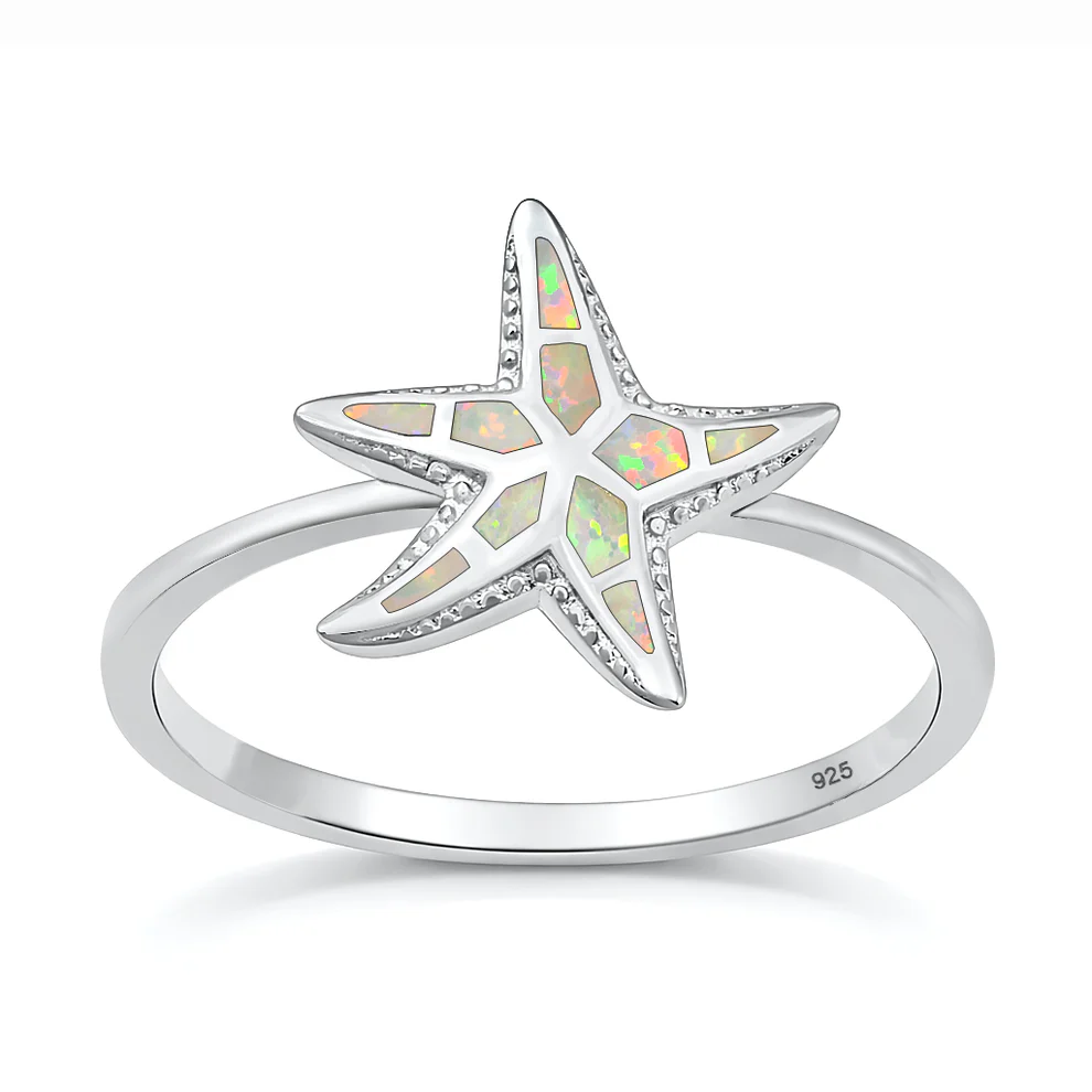 Sterling Silver Rhodium Plated Starfish White Lab Opal Ring