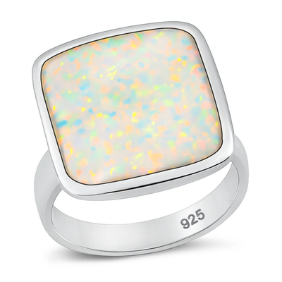 Sterling Silver High Polished Square White Lab Opal Ring