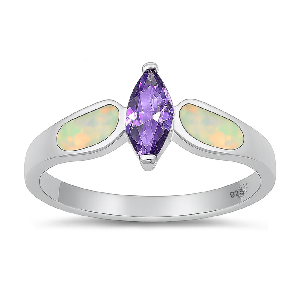 Sterling Silver Rhodium Plated White Lab Opal And Amethyst CZ Ring