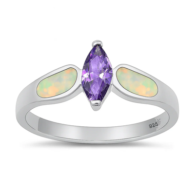 Sterling Silver Rhodium Plated White Lab Opal And Amethyst CZ Ring