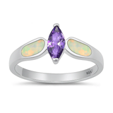 Sterling Silver Rhodium Plated White Lab Opal And Amethyst CZ Ring