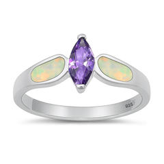 Sterling Silver Rhodium Plated White Lab Opal And Amethyst CZ Ring