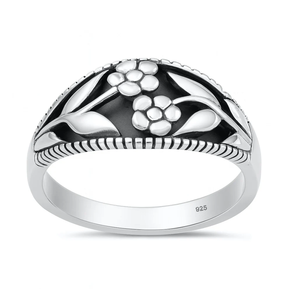 Sterling Silver Oxidized And Polished Flowers Bali Design Ring