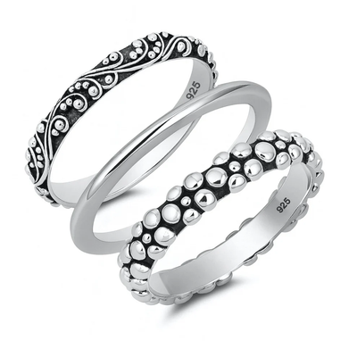 Sterling Silver Oxidized And Polished 3 Set Bali Design Ring