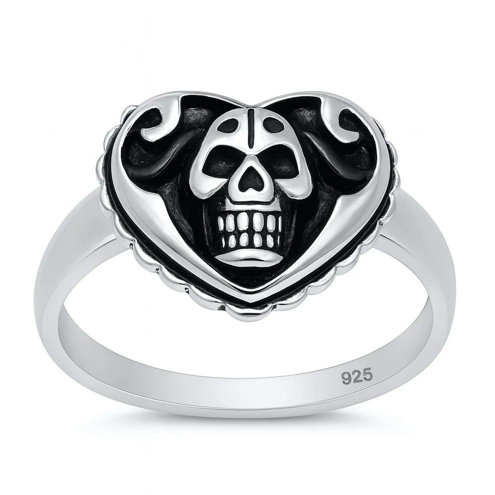Sterling Silver Oxidized And Polished Heart With Skull Ring