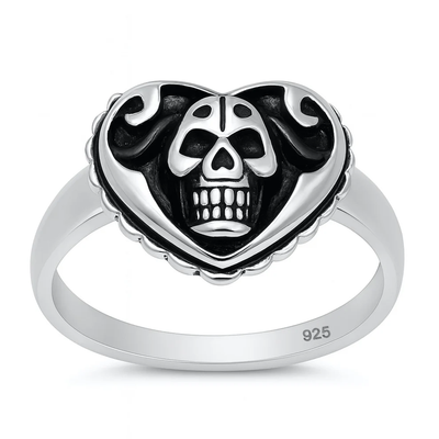 Sterling Silver Oxidized And Polished Heart With Skull Ring