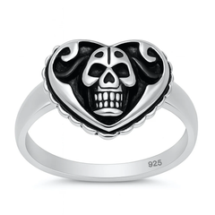Sterling Silver Oxidized And Polished Heart With Skull Ring