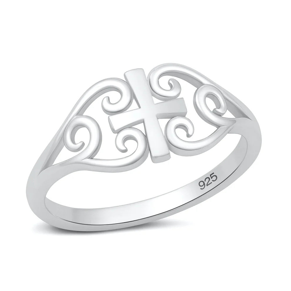 Sterling Silver Rhodium Plated Medieval Cross Ring