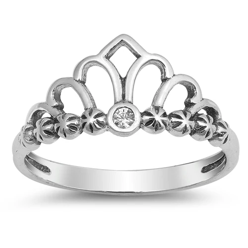 Sterling Silver Rhodium Plated Crown Clear CZ Ring