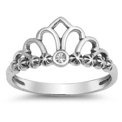 Sterling Silver Rhodium Plated Crown Clear CZ Ring