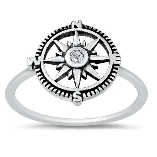 Sterling Silver Rhodium Plated Compass Clear CZ Ring