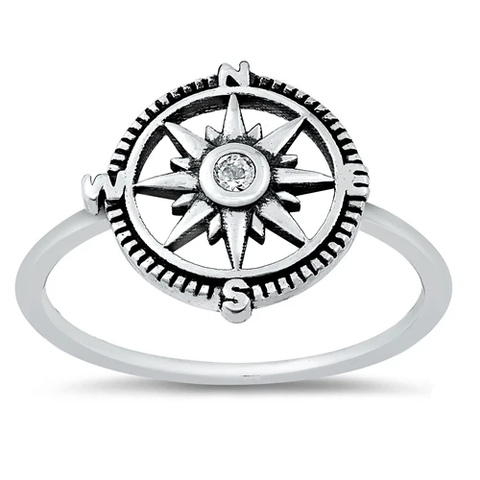 Sterling Silver Rhodium Plated Compass Clear CZ Ring