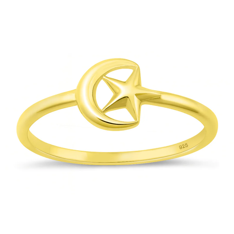 Sterling Silver Yellow Gold Plated Moon And Star Ring