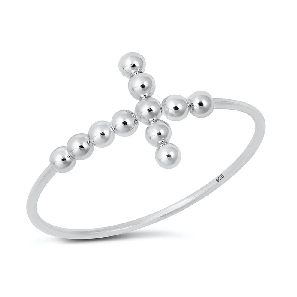 Sterling Silver Rhodium Plated Beaded Cross Ring
