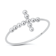 Sterling Silver Rhodium Plated Beaded Cross Ring