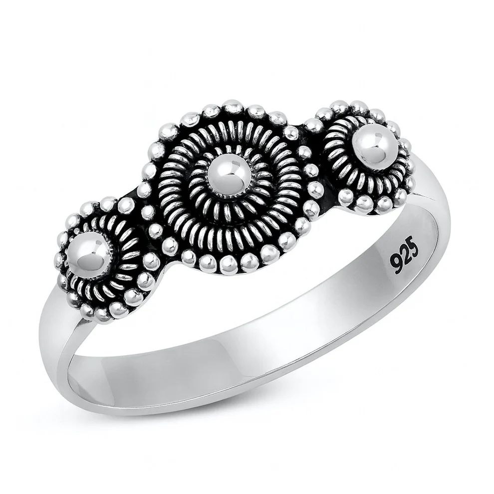 Sterling Silver Oxidized And Polished Flowers Bali Ring