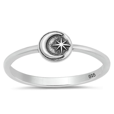 Sterling Silver Oxidized 6mm Moon And Star Ring
