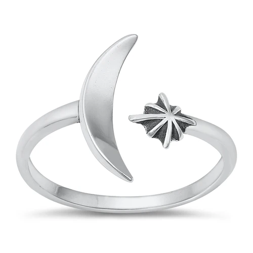 Sterling Silver Oxidized Moon And Star Ring