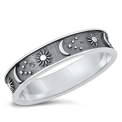 Sterling Silver Oxidized Sun, Moon And Stars Ring
