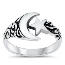 Load image into Gallery viewer, Sterling Silver Oxidized 11.4mm Moon And Star Ring