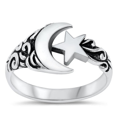 Sterling Silver Oxidized 11.4mm Moon And Star Ring